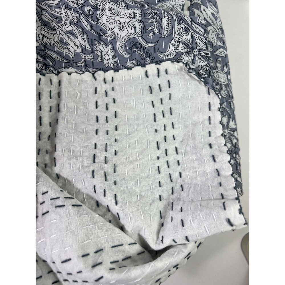 Floral Hand Block Print Handmade Kantha Quilt Indian Print Blue WhiteNew